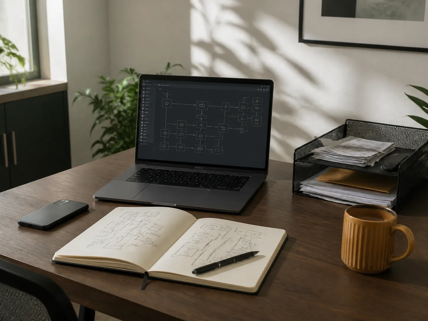 Operations desk with workflow notebook, laptop, and working documents