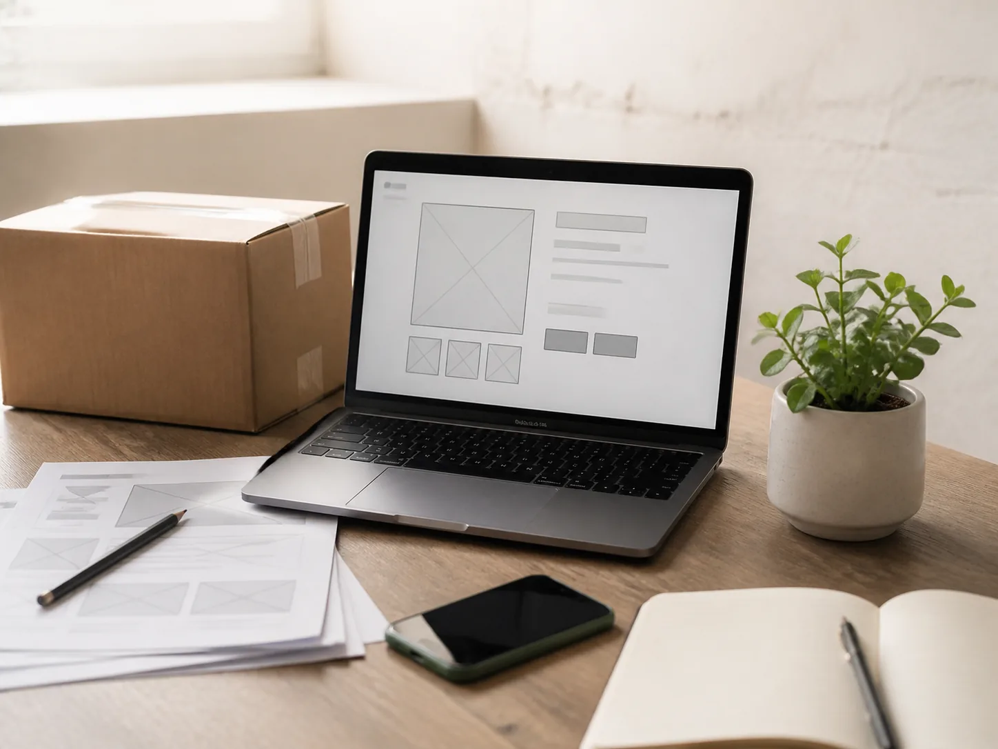 Conversion review desk with product and wireframes