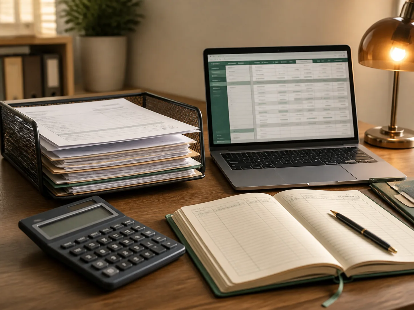 Finance workflow desk with invoices, a ledger, and an accounting review screen